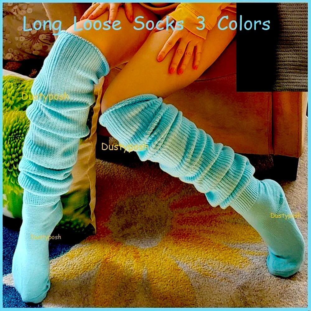 Long Thigh High Loose Socks Cozy Over Knee Black White Blue Queen Plus Unisex
